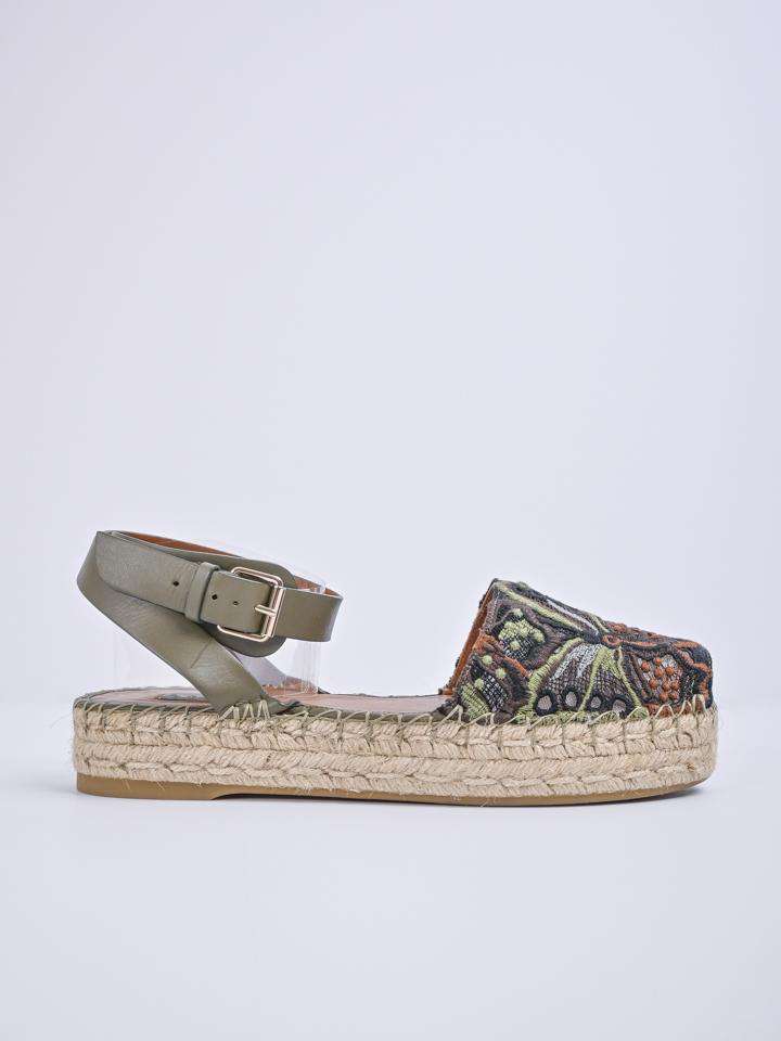 Valentino Embroidered And Leather Ankle Strap Espadrille